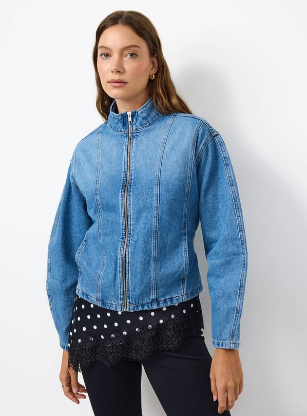 Funnel Neck Denim Belted Jacket 14